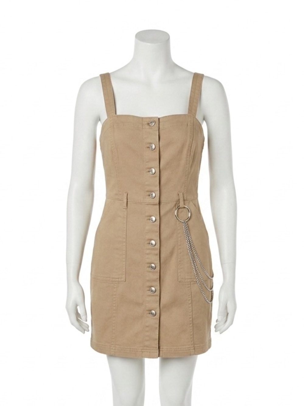 H&M Divided Tan Twill Button Front Pinafore Mini Dress Chain Grunge Y2K Size S